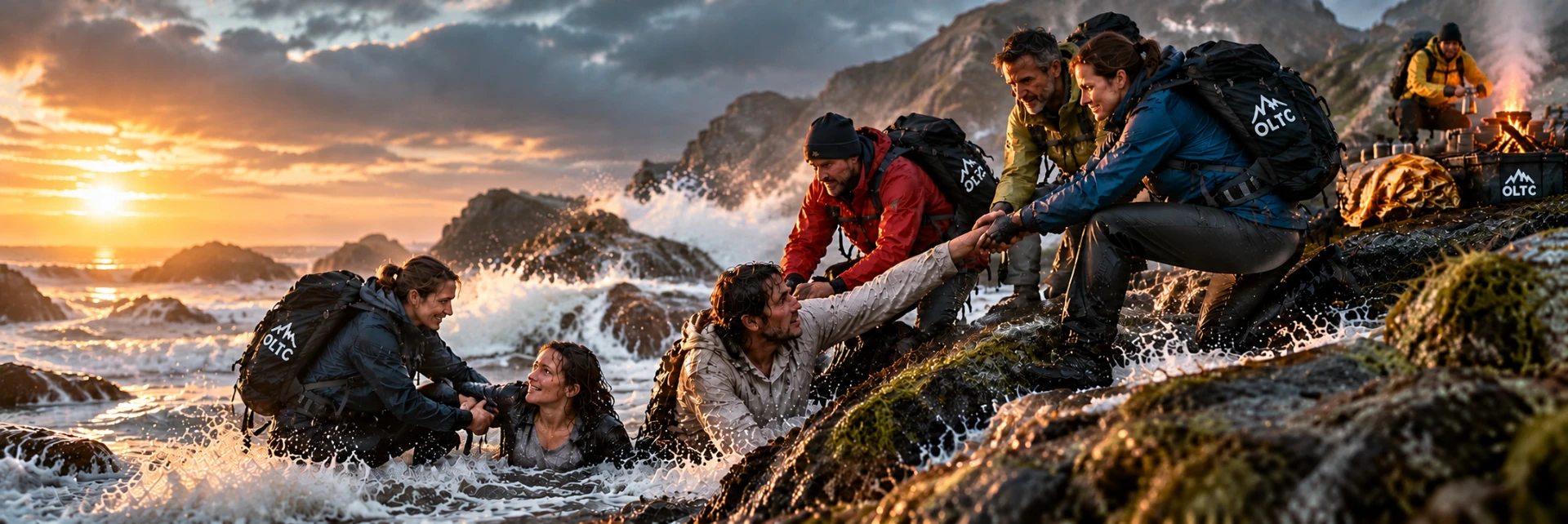 Illustrative image: an OLTC team helping each other out of the waves on a stormy coast at sunset